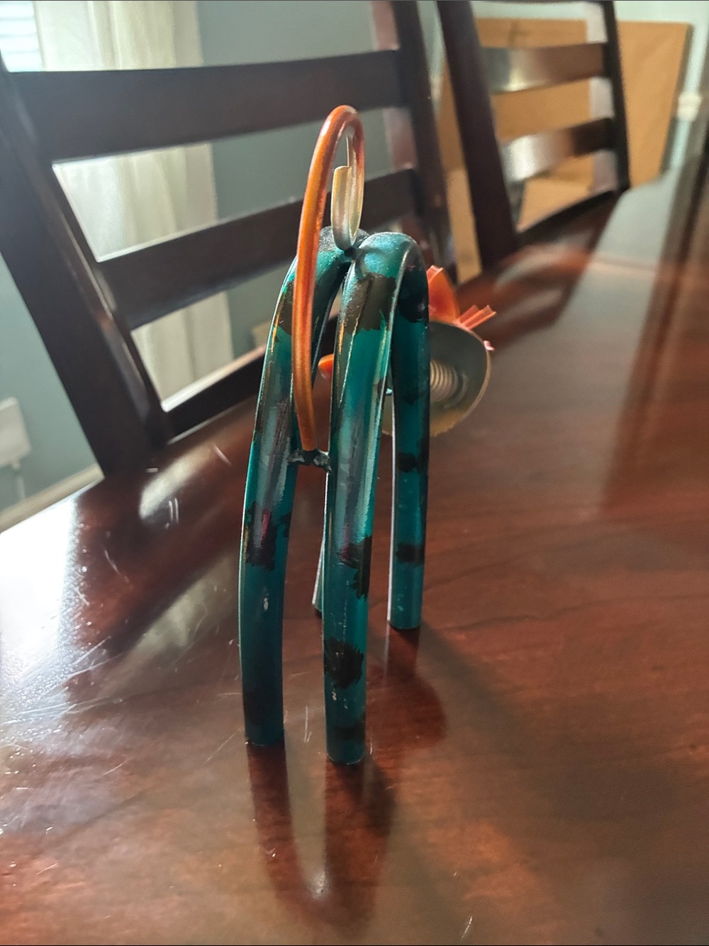 Teal and Orange Metal Cat Sculpture - Decorative Home Art - Picture 3 of 4
